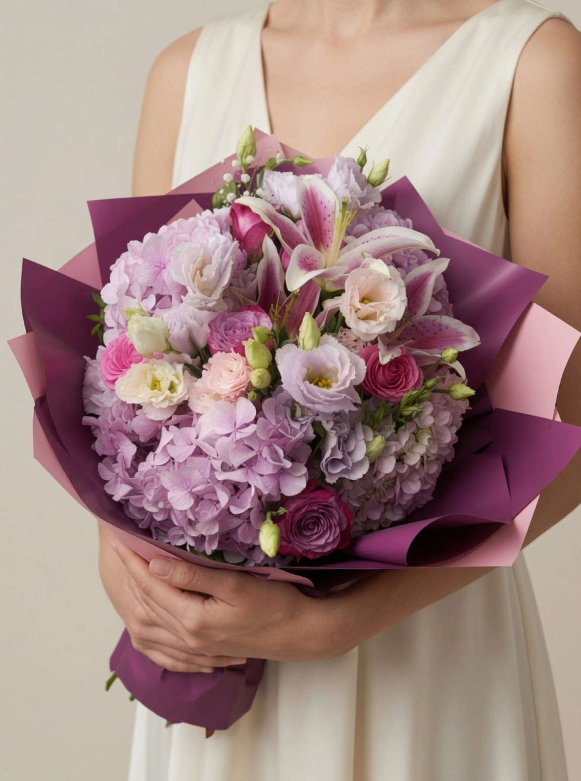 Ortanca + Gül+ Lilium + Lisianthus Buket